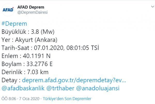 Ankara'da 3.8 büyüklüğünde deprem